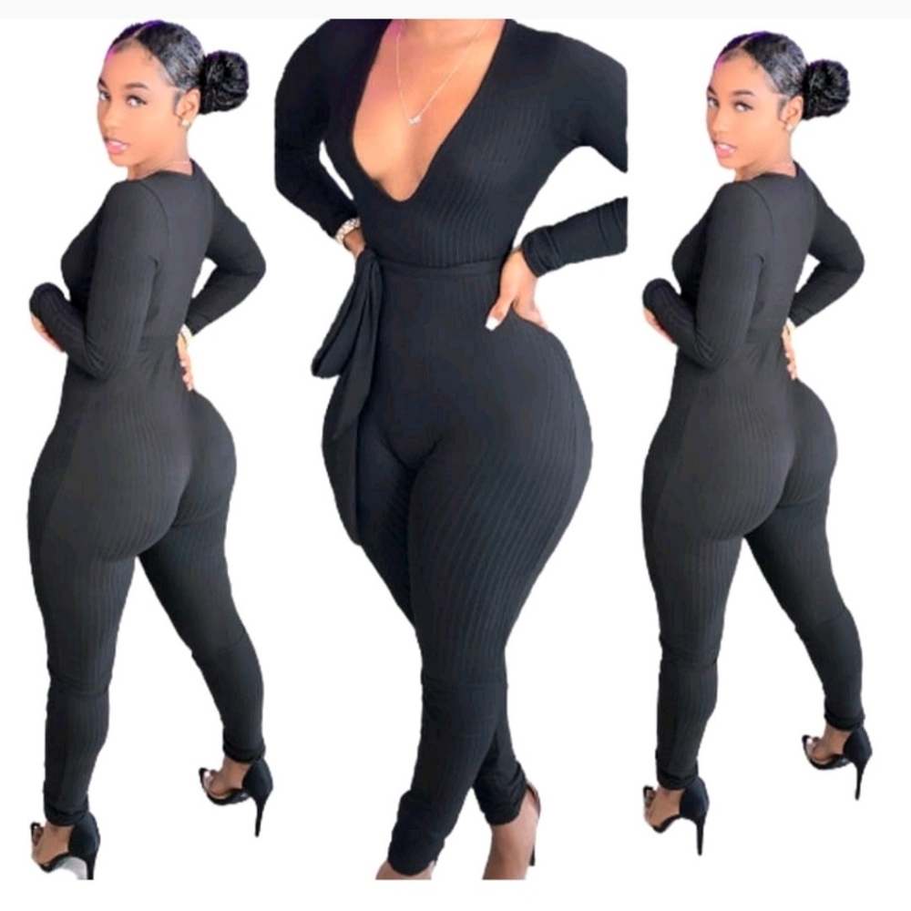 Black Deep V-Neck Knit Jumpsuit
